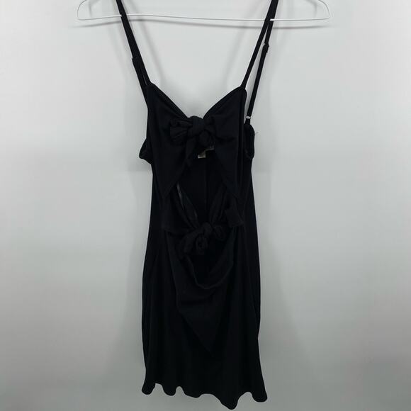 Wild Honey Black Bows Front Cut Outs Ribbed Mini Dress Little Black Dress Size L - Picture 4 of 11